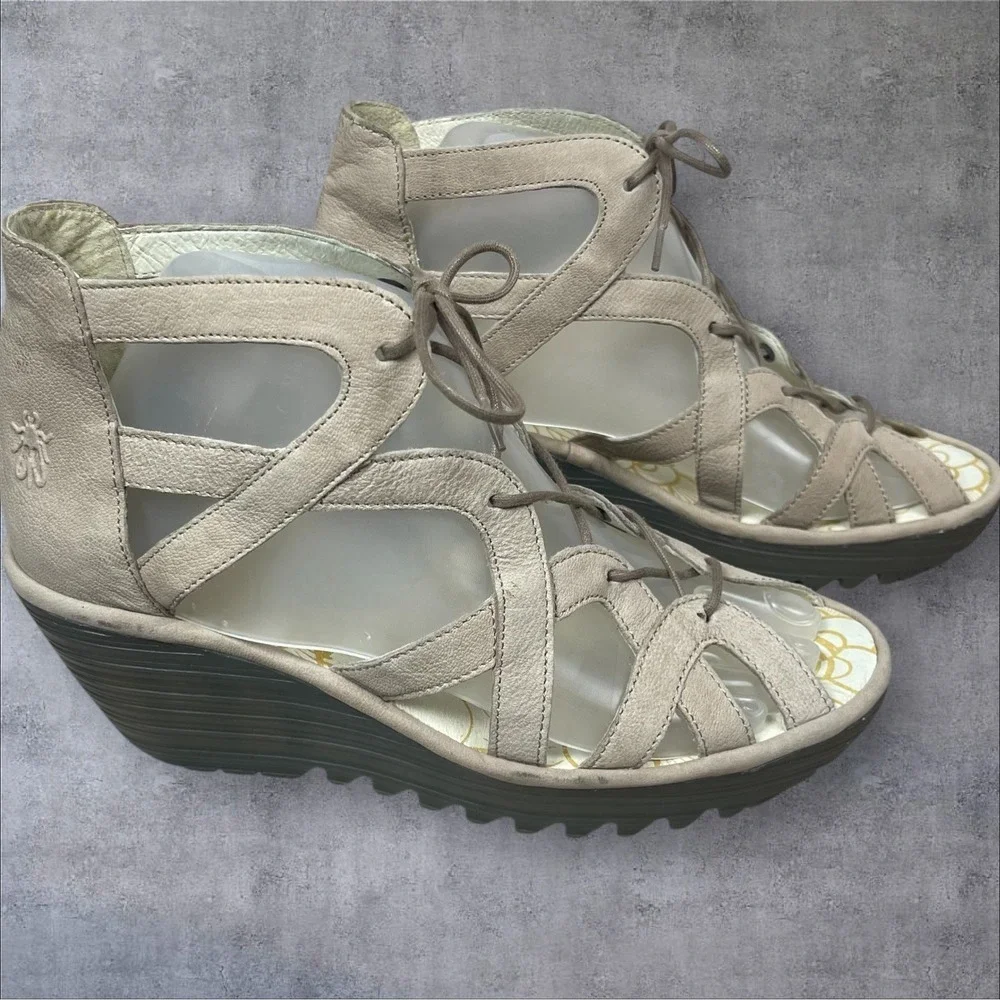 Fly London Yuke Strappy Sandals Womens 40 US 9-9.5 Gladiator Lace Up Wedge Boho
